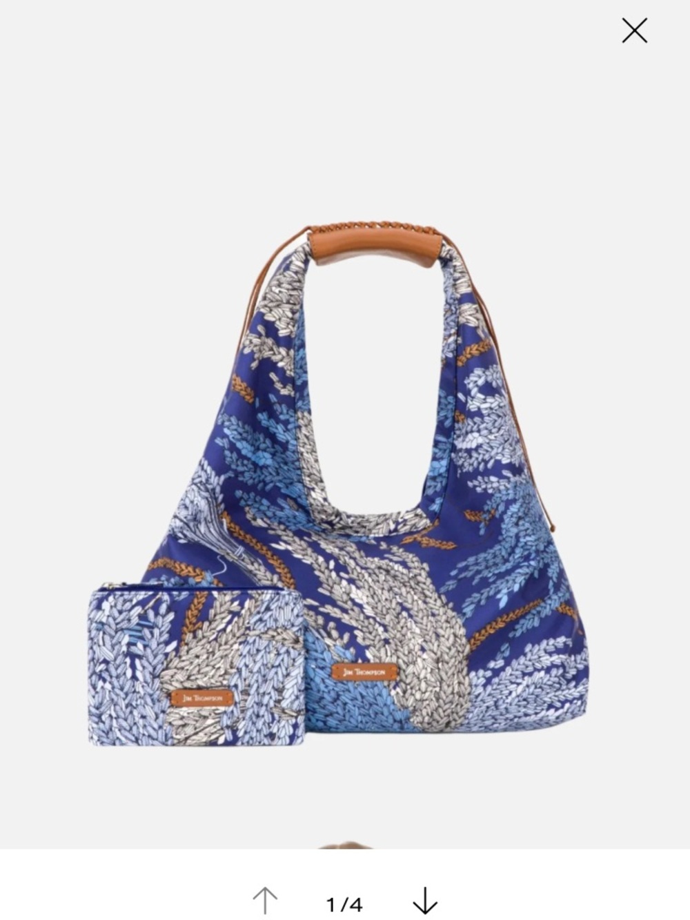 Thompson Blue Patterned Shoulder Bag with Tan Handle and Matching Pouch